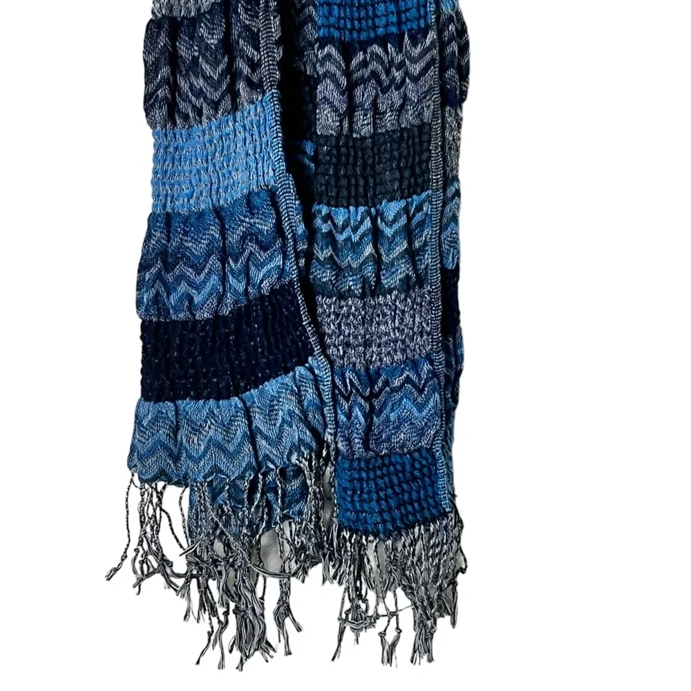 Blue striped fringe crinkle scarf wrap